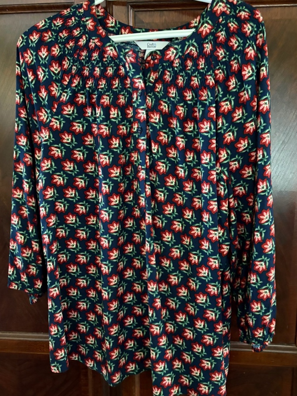croft & barrow Navy Floral Button-Down Peasant Blouse